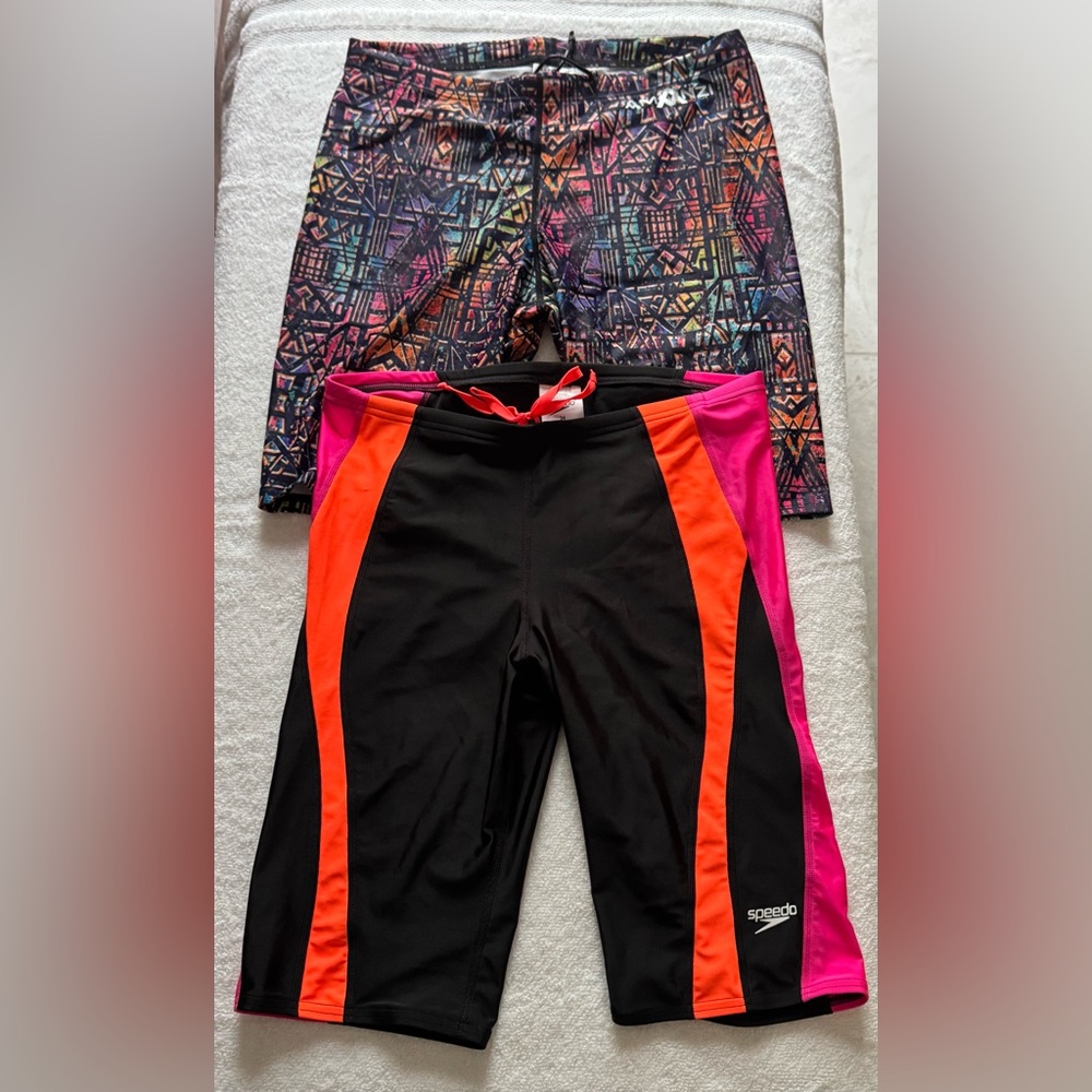 Lot of 2 - Speedo Black w/Pink & Orange 32” and Amanzi Multicolored Graphics 34”